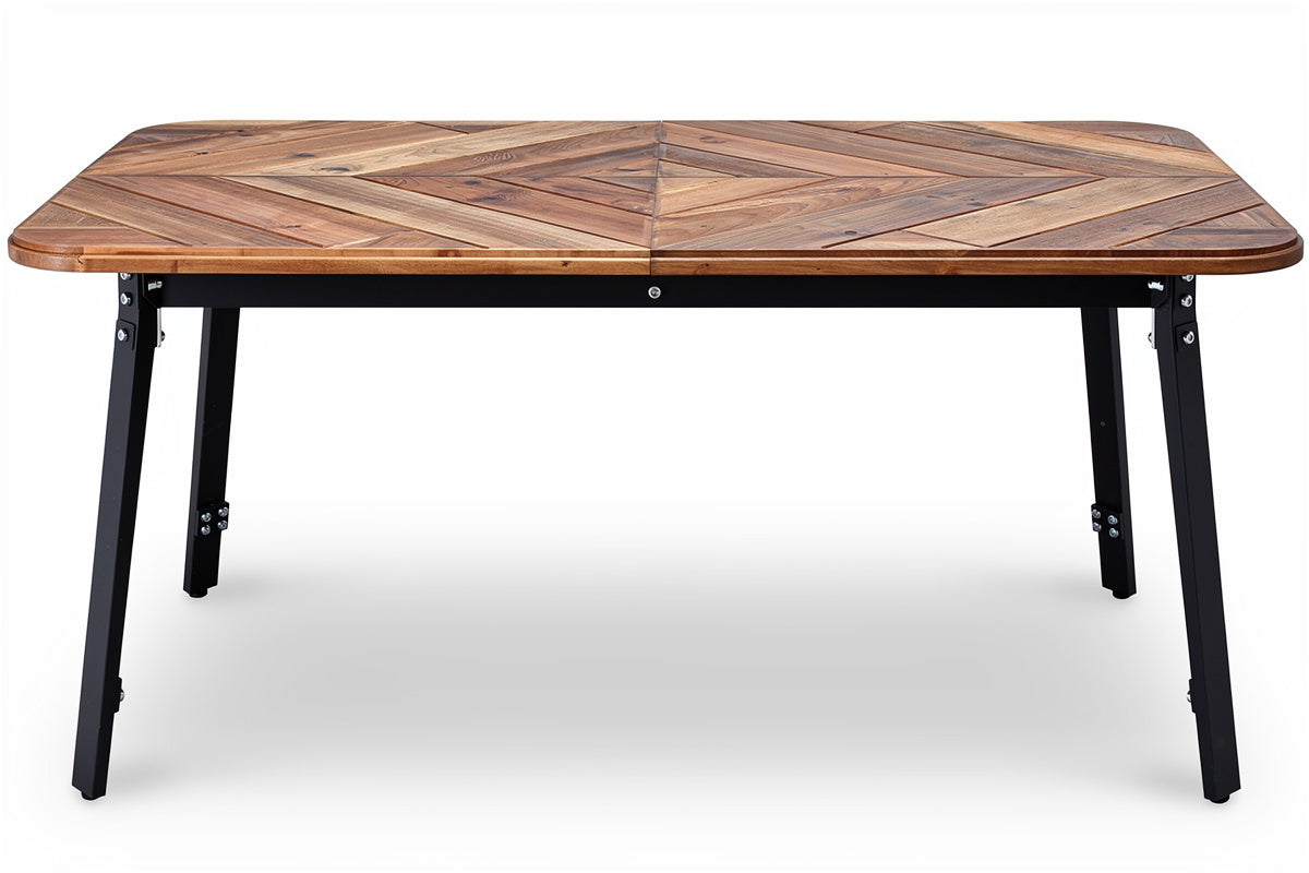 **Technische titel in het Nederlands:** Houten Tafel met Gecombineerde Houten Patroon en Stalen Poten