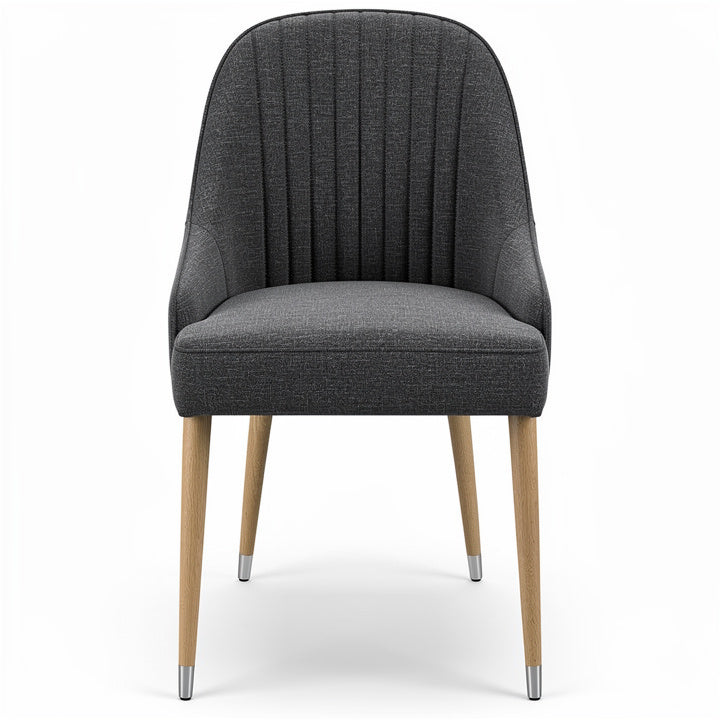 Technische titel in het Nederlands: **Moderne grijze eetkamerstoel met houten poten**