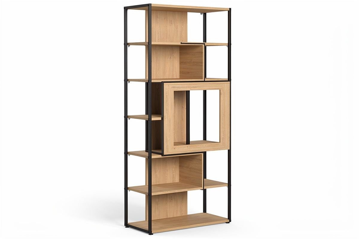 **Moderne open boekenkast met zwarte metalen frames en houtfineer planken**