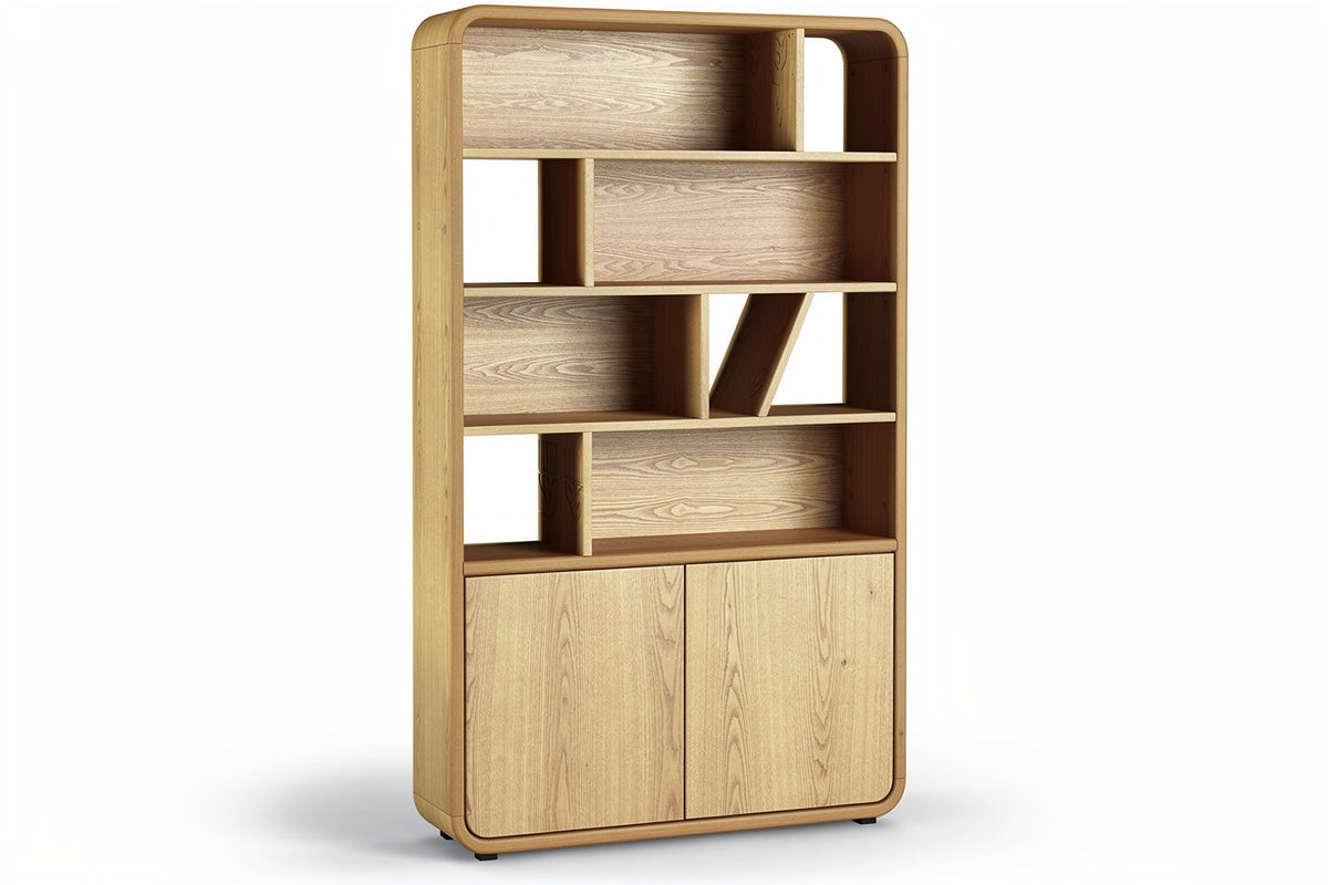**Technische titel in het Nederlands:** Moderne houten boekenkast met open planken en opbergruimte