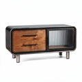 **Technische titel in het Nederlands:** Moderne salontafel met houten lades en glazen deur