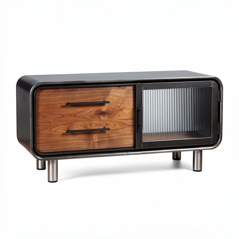 **Technische titel in het Nederlands:** Moderne salontafel met houten lades en glazen deur