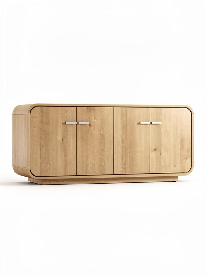 **Technische titel in het Nederlands: Luxe houten dressoir met afgeronde hoeken en metalen handgrepen**